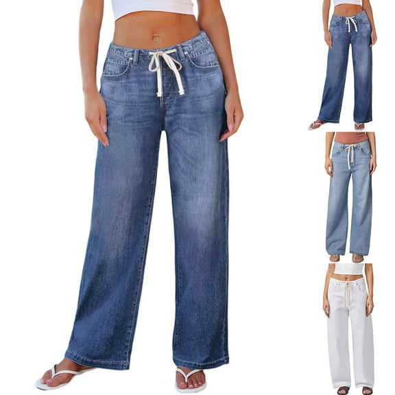 2025 Y2K Women's Drawstring Jeans Loose Boyfriend Mid-Rise Wide Leg Casual Comfortable Denim Pants with Pockets