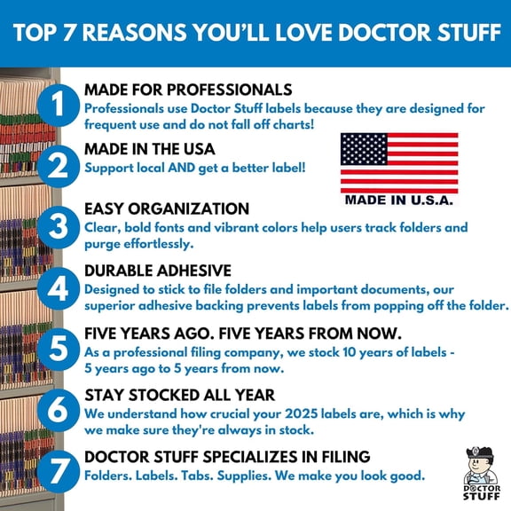 2025 Year Stickers, 2025 Chart Stickers, Brown Color Coded, GBS/VRE , Made Year Labels for End Tab File Folders, 500 Labels/Roll in a Dispenser Box, 3/4" x 1-1/2"