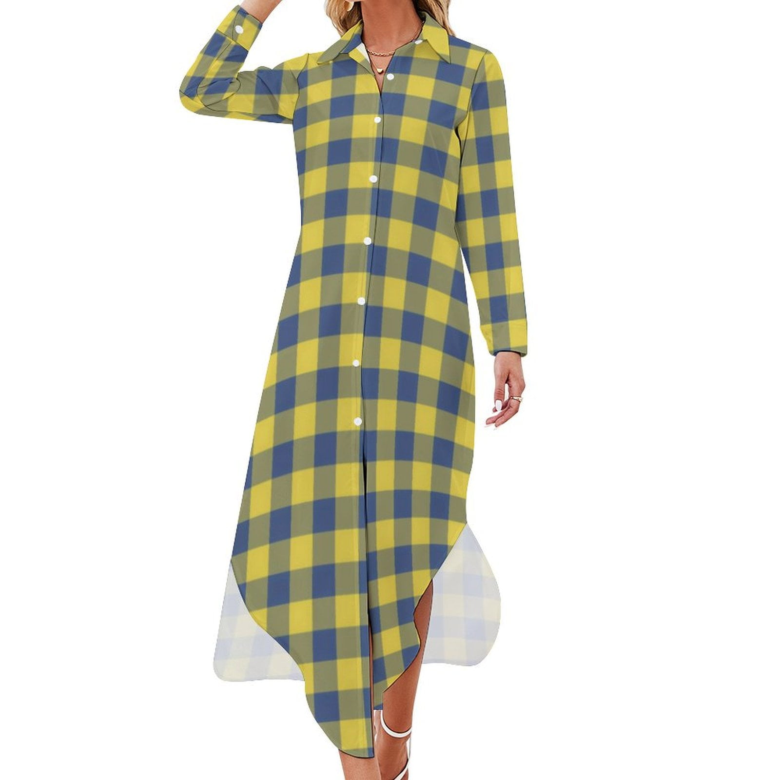 2025 Yellow Gold Plaid Chiffon Dress V Neck Checkerboard Kawaii Dresses ...