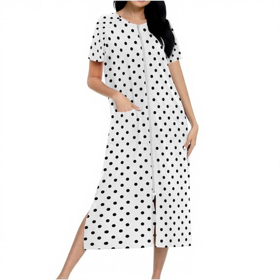 2025 Zipper Robes for Women Long Knit Polka Dot Bathrobes Lightweight Full Length Housecoat Nightgown with Pockets