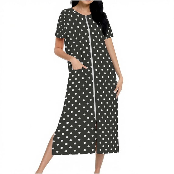 2025 Zipper Robes for Women Long Knit Polka Dot Bathrobes Lightweight Full Length Housecoat Nightgown with Pockets