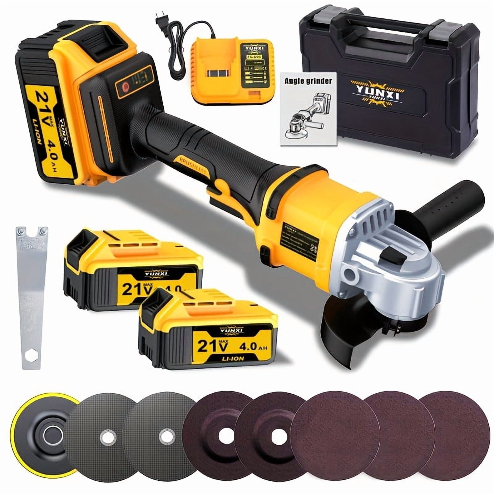 The 2025 brand new rechargeable angle grinder, cordless polishing machine, comes with ion batteries, a fast charger, and a complete set of accessories.
