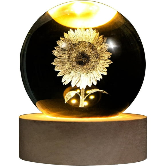 2025 latest 3D Laser-Etched Sunflower Crystal Ball  Decorative Glass Sphere Lamp with Stand, Elegant Night Light & Paperweight Gift