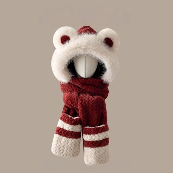 2025 new hat women's winter three piece set, cute winter plush hooded scarf, integrated warm gloves, scarf