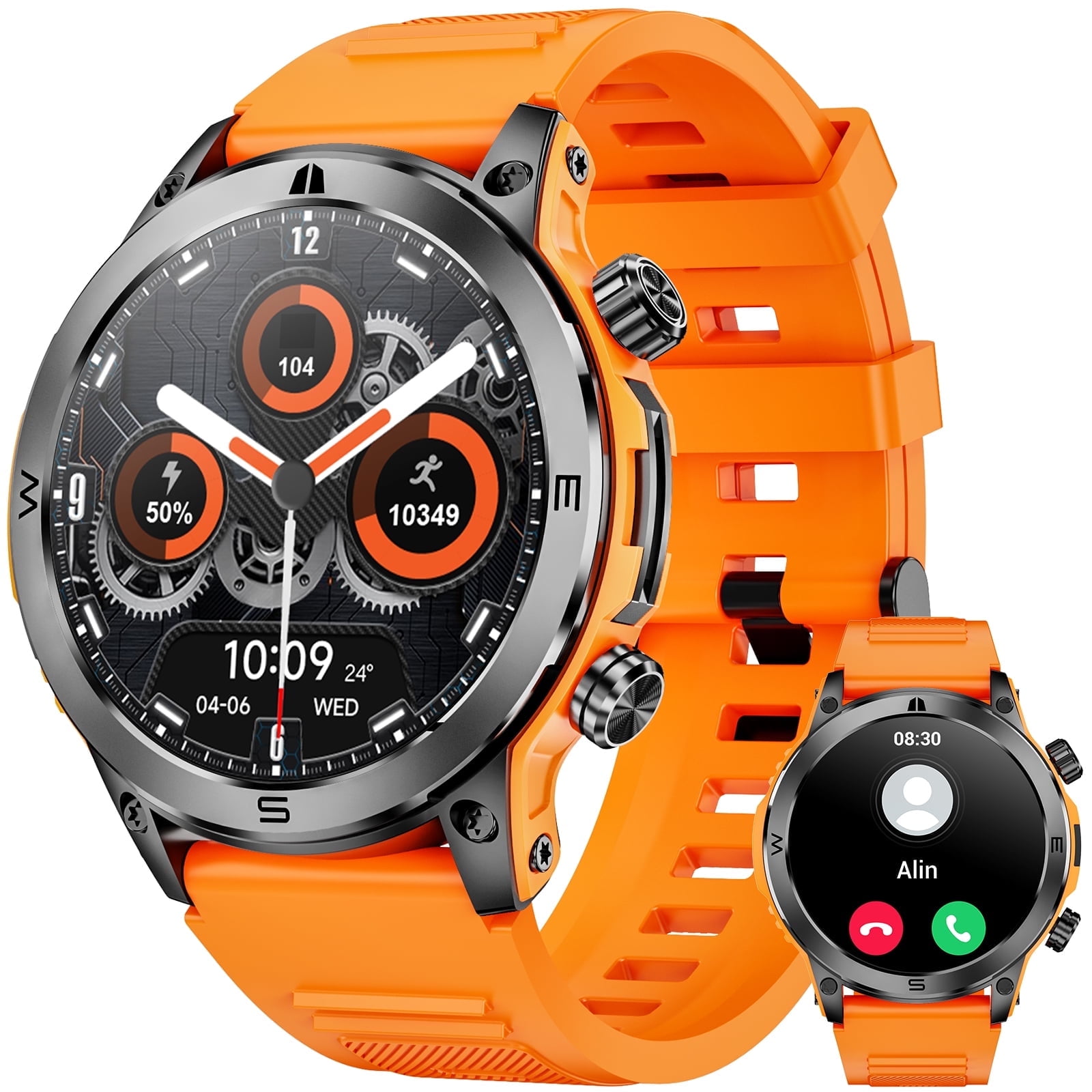 HAULVEAN 1.43-inch AMOLED Men's Military Smart Watches, with Answer/Make Calls/120 Sports Modes, Outdoor Fitness Tracker Watch, fits for Android and Iphone Devices (Vibrant Orange)