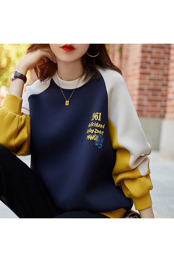 2025 new round neck sweatshirt women's spring and autumn thin loose versatile design splicing contrast color hooded top