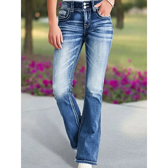 2025 new women's high waisted elastic embroidered flared jeans, machine washable, suitable for all seasons