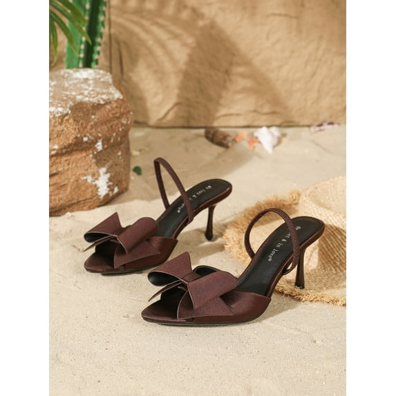 2025 new women's sandals with fashionable bow design, elegant pointed-toe high heels for summer outdoor banquets, backless shoes