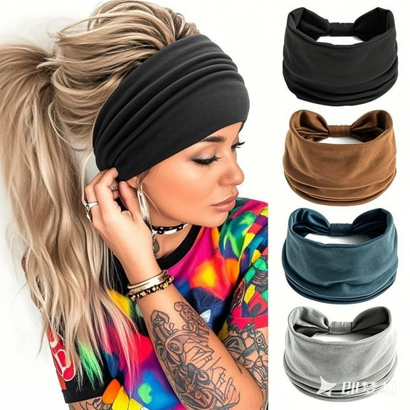 2025 new women's wide headband, 4-piece bohemian style headband, sports headscarf, large sports elastic anti slip large headband