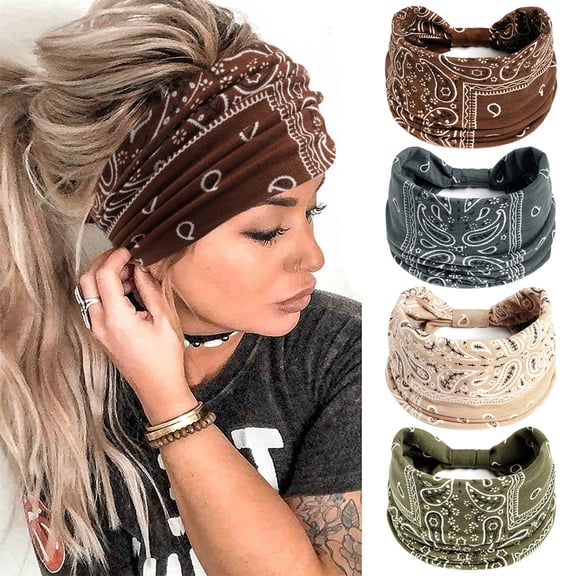 2025 new women's wide headband, 4-piece bohemian style headband, sports headscarf, large sports elastic anti slip large headband