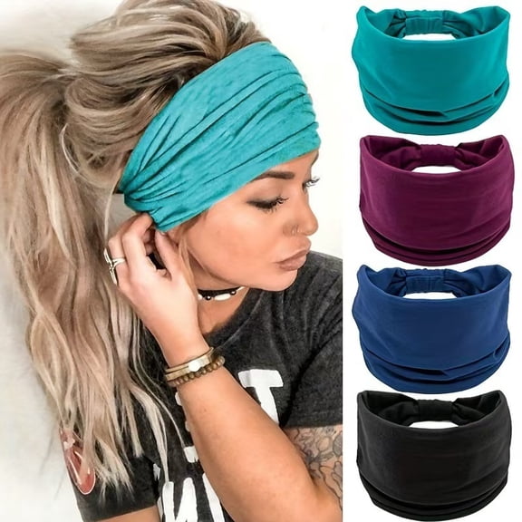 2025 new women's wide headband, 4-piece bohemian style headband, sports headscarf, large sports elastic anti slip large headband