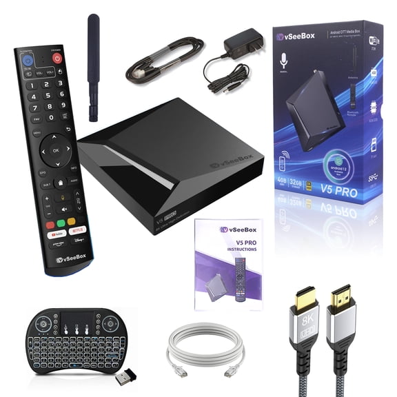 2025 newest version Vsee box V5 Pro, Android 12 technology TV box ,with Voice Remote Control, Backlit Mini Keyboard,8K HDMI Cable,4GB RAM, 32GB Storage.