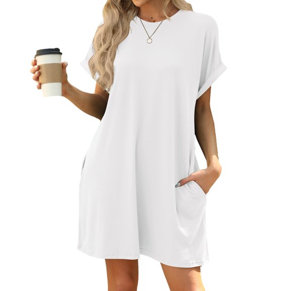 2025 spring and summer new round neck short sleeve pocket casual solid color dress