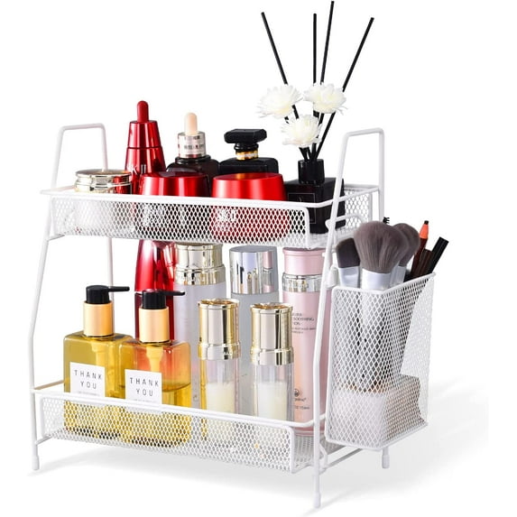 2024 upgraded Bathroom Organizer with Basket, 2-Tier Bathroom Tray for Countertop Storage Shelf, Vanity Organizer and Storage Kitchen Counter Organizers Spice Rack(White)