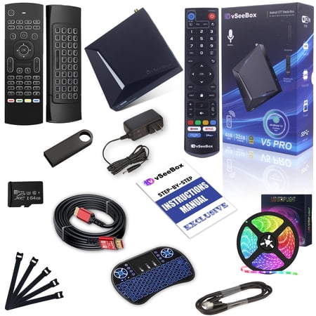2025 vSeeBox V5 Pro New Model with Built-in Voice Control | Includes LED Light, Cable Ties, Keyboard Air Mouse, 8K HDMI, 64GB USB, 64 GB SD Card, Mini Keyboard | Android 12 | 4GB RAM | 32GB Storage