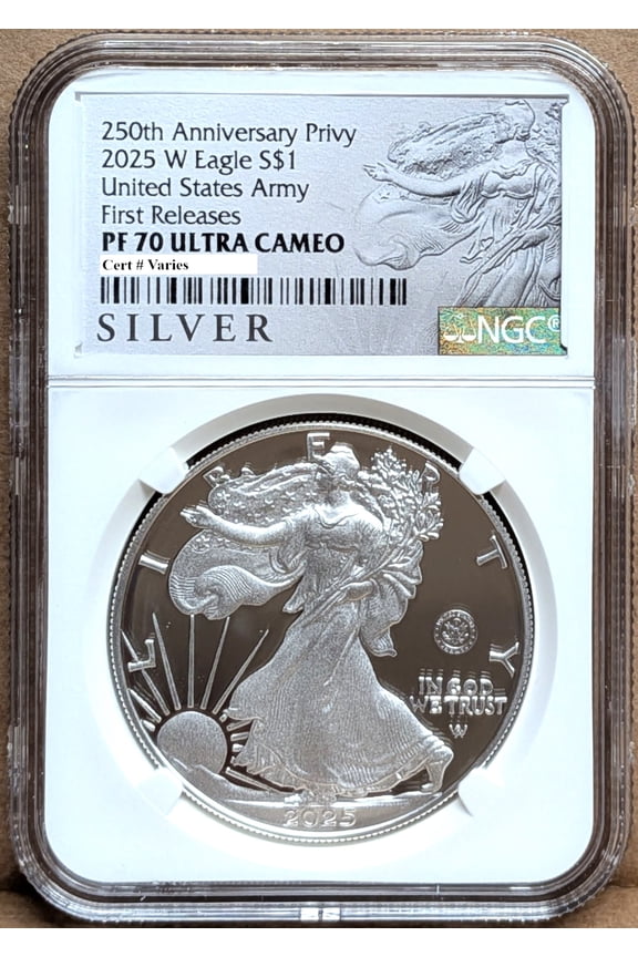 2025 w silver eagle army 250th anniversary privy ngc pf70 fr als