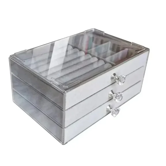 2025Large Capacity Three-Drawer Velvet Jewelry Box Dustproof Anti-Oxidation Desktop Organizer for Earrings Bracelet Ring