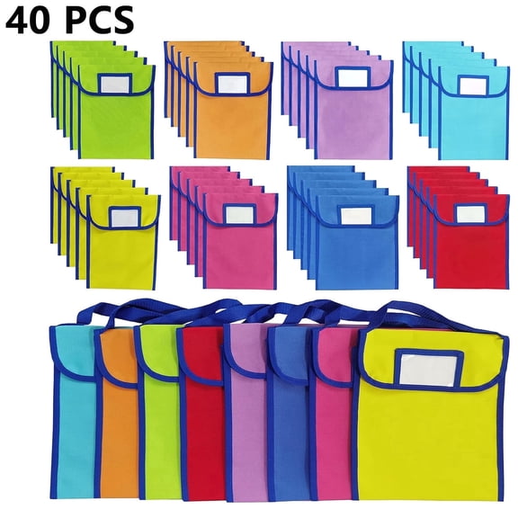 Godery 40 Pcs Book Pouch Bags with Stitched Handle and Clear Tag Pockets, Book Bags for Classroom, School, Protector Store Reading Supplies