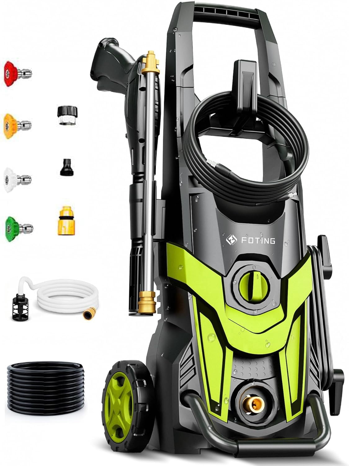 FOTING 4400 PSI at 2.8 GPM 14 Amps Corded Electric Hot Water Pressure Washers, Quick Connect Tips,Green