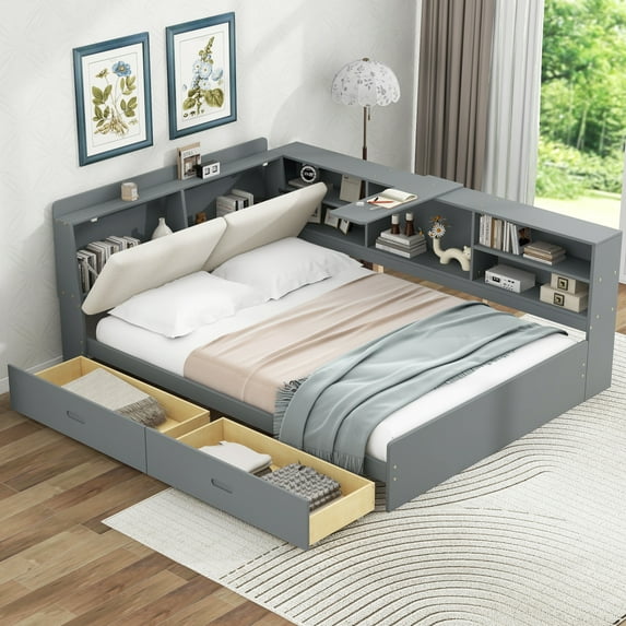 2025Wood Full Size platform bed with Trundle, Shelves and Storage Headboard, Gray