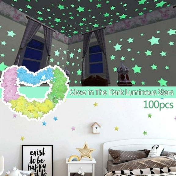 2026 100-Pack Glow-in-the-Dark Star Wall Stickers – 3x3cm Colorful Kids Bedroom Ceiling Decals for Night Sky Decor (Plastic)