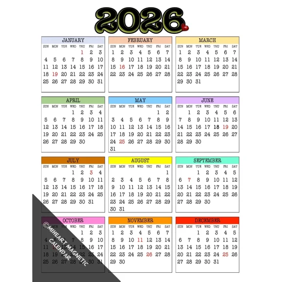 2026 - 12 Month Miheart Magnetic Refrigerator Calendar 8.5"X11"