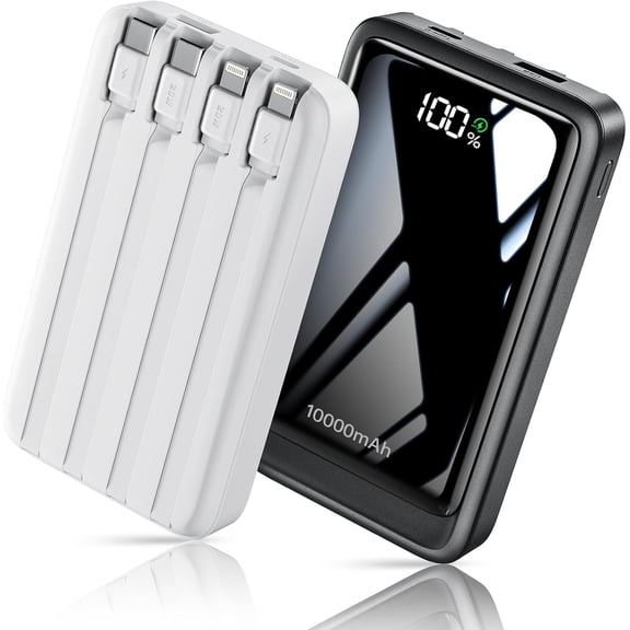 2026 2-Pack 10000mAh Portable Charger with Built in 4 Cables, PD 20W Travel Essentials Battery Pack, 5 Outputs 2 Inputs Slim Power Bank for iPhone 17/16/15/14, Samsung Galaxy S23/22, Pixel etc