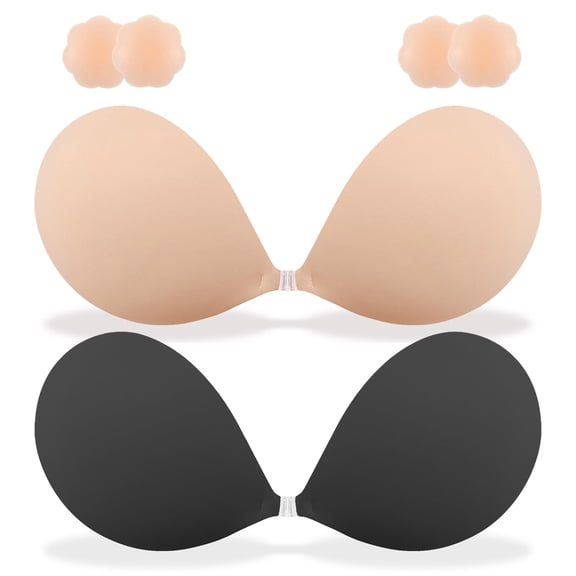 2026 2 Pack Push up Sticky Bra, Adhesive Strapless Bra for Women, Invisible Backless Bra with Reusable Nipple Covers for Backless Dresses, B