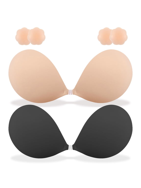2026 2 Pack Push up Sticky Bra, Adhesive Strapless Bra for Women, Invisible Backless Bra with Reusable Nipple Covers for Backless Dresses, B