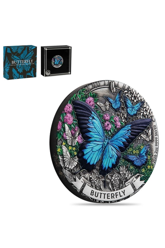 2026 2 oz Butterfly Antiqued Colorized Silver Coin Perth Mint