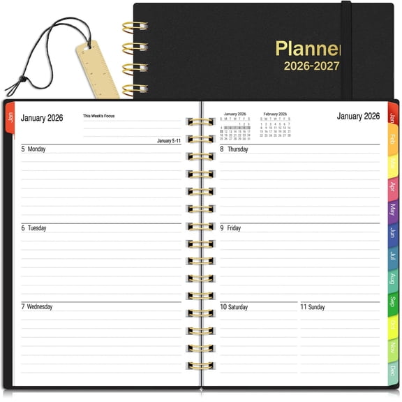 2026-2027 Daily Planner, 18 Month Planner with Tabs for Weekly Monthly Agenda, Spiral Bound Time Management Organizer, Thick 100GSM Paper, Twin Wire Binding, A5 Size, Black