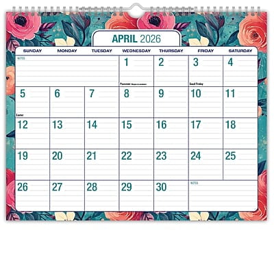 2026-2027 Excello Brands 12" x 15" Academic Monthly Wall Calendar, Teal Floral (NAY27-1512WC-17)