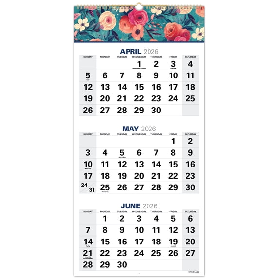 2026-2027 Excello Brands 27" x 13" Academic Year Large Print 3 Month View Wall Calendar, Monthly, 21 Month, Teal Floral