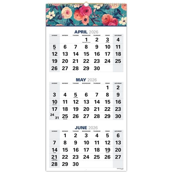 2026-2027 Excello Brands 27" x 13" Academic Year Large Print 3 Month View Wall Calendar, Monthly, 21 Month, Teal Floral