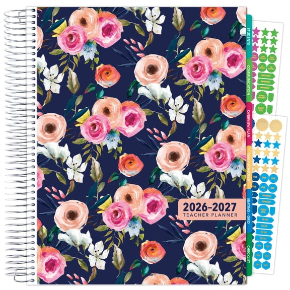 2026-2027 Excello Brands 8.5" x 11" Academic Year Deluxe Teacher Planner, Weekly/Monthly, 12 Month, Small Navy Floral
