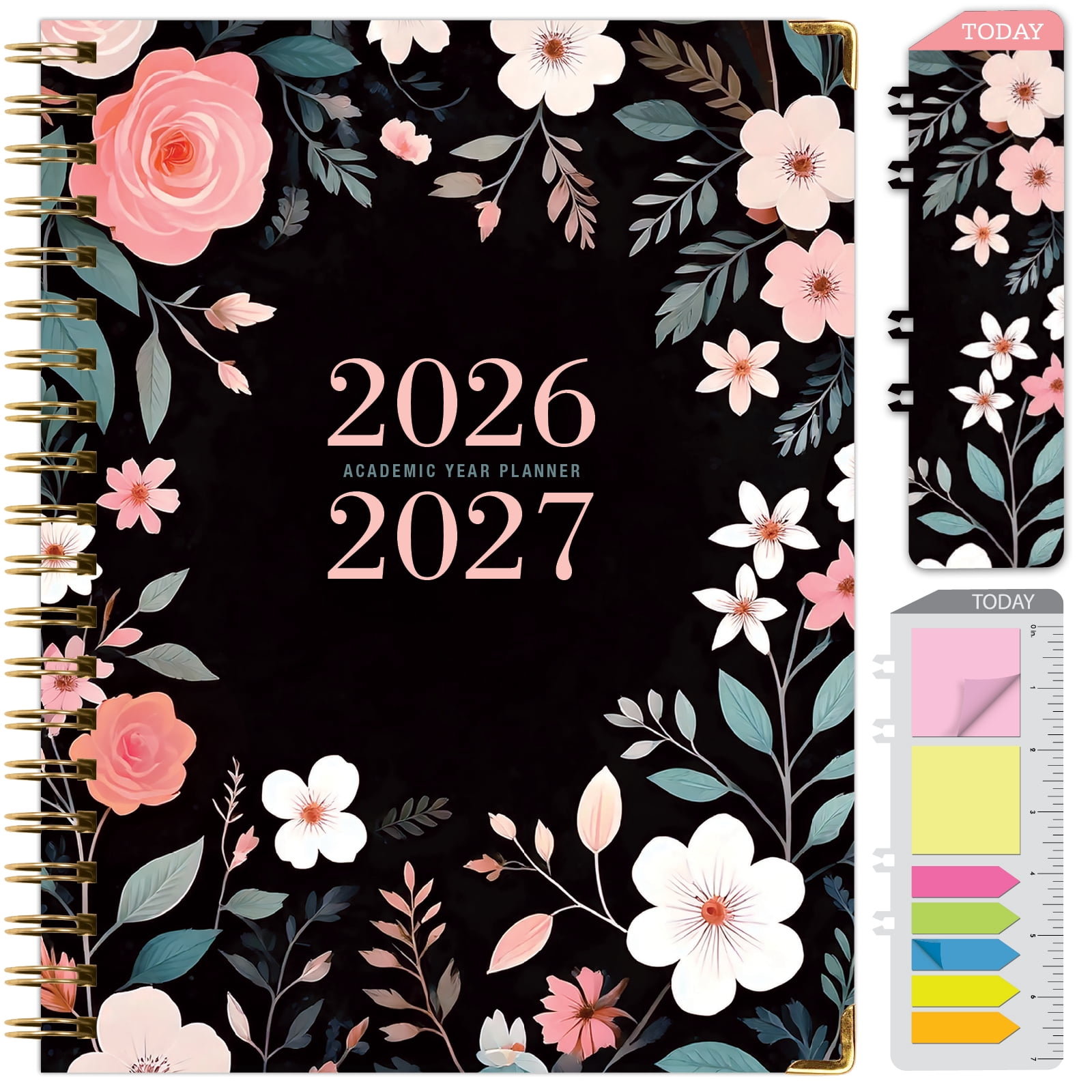 2026-2027 Excello Brands 8.5" x 11" Academic Year Hardcover Fashion Planner, Weekly/Monthly, 14 Month, Black Floral Pink