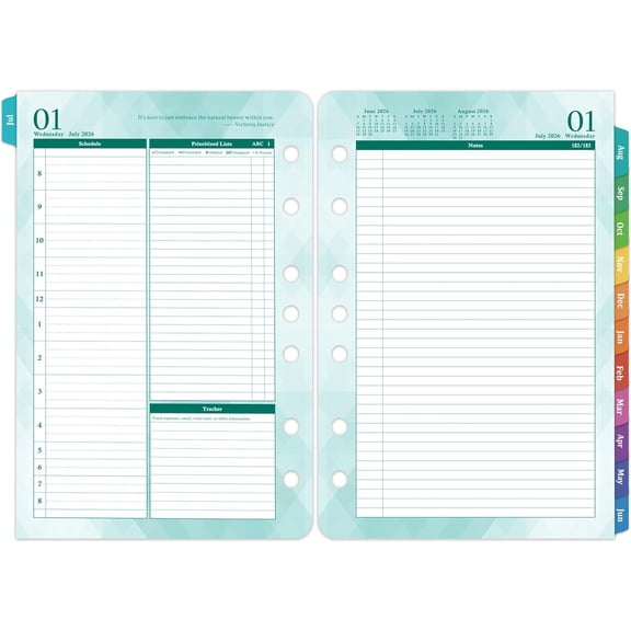 2026-2027  Jul.2026 - Jun.2027, Two Pages Per Day Daily  Monthly Planner, 5.5" x 8.4" Ring-Bound Organizer, Tabs, Quotes, Prioritized Task, Daily Tracker/Notes, Appointment Schedule