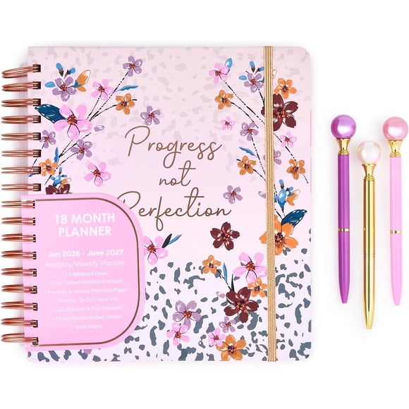 Votum 18 Month Hard Cover Planners/Calendars 10" x 10", January 2026 - June 2027 - Daily, Weekly & Monthly Organizer with Pens, Stickers, Sticky Notes, and a Sturdy Cover - Progress Not Perfection