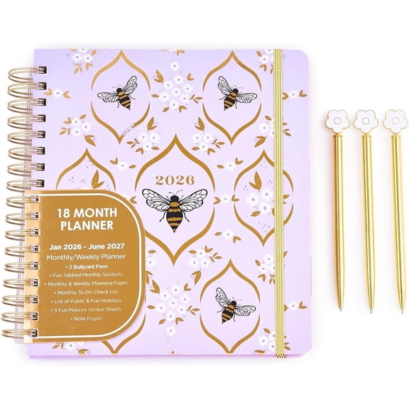 Votum 18 Month Hard Cover Planners/Calendars 10" x 10", January 2026 - June 2027 - Daily, Weekly & Monthly Organizer with Pens, Stickers, Sticky Notes, and a Sturdy Cover - Bee You