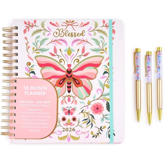 Votum 18 Month Hard Cover Planners/Calendars 10" x 10", January 2026 - June 2027 - Daily, Weekly & Monthly Organizer with Pens, Stickers, Sticky Notes, and a Sturdy Cover - Blessed