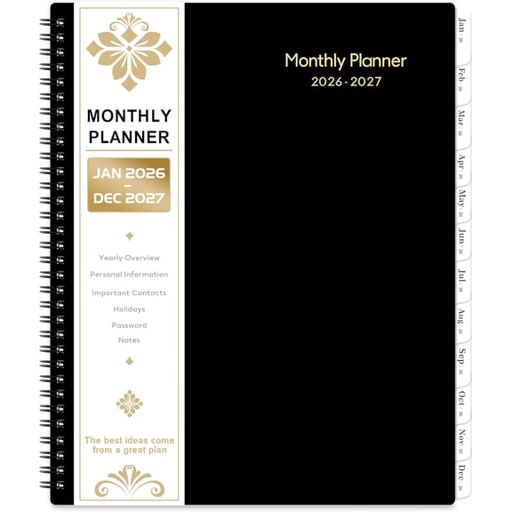 2026-2027 Monthly Planner/Calendar - 2 Year Monthly Planner 2026-2027, Jan.2026 - Dec.2027, 9" x 11", 2 Years Calendar 26-27 with Tabs,+Contacts + Back Pocket + Twin-wire Binding - Black