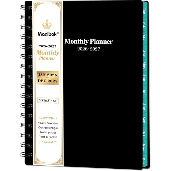 2026-2027 Monthly Planner/Calendar - 2026-2027 Monthly Planner, Jan. 2026 - Dec. 2027, 6.3" x 8.4"(A5 Size), 2 Year Calendar with 24 Months,Twin-Wire Binding,Tabs, Pocket, Cardboard Cover