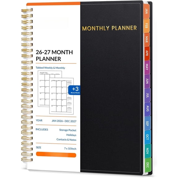 2026-2027 Monthly Planner - Large 7" x 10" Organizer with Tabs, Note Pages, 100 GSM Paper, 24-Month Calendar, Spiral Bound, Flexible Cover for Office, School, Women, Men, Black