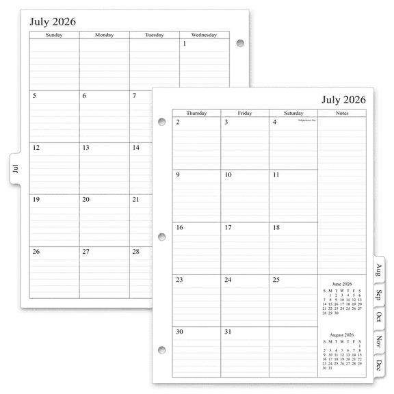2026-2027 Monthly Planner Refill, 8.5"x11" Size 5, For 3 Ring Binders
