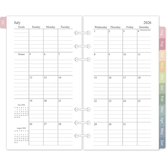2026-2027 Monthly Planner Refill for A6 6-Ring Binders, 3.8"x6.8" Small Size Planner Inserts, Jul. 2026 - Dec. 2027, 18 Monthly Calendars with Colorful Laminated Tabs, 6-Hole Punched