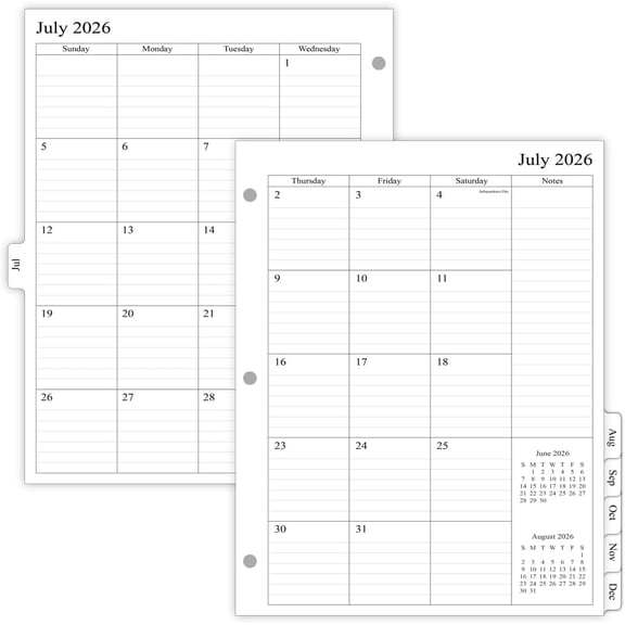 2026-2027 Monthly Planner Refill for 3 Ring Binder, Jul 2026 - Dec 2027, Two Pages Per Month, 8-1/2" x 11", Monarch/Folio Size 5