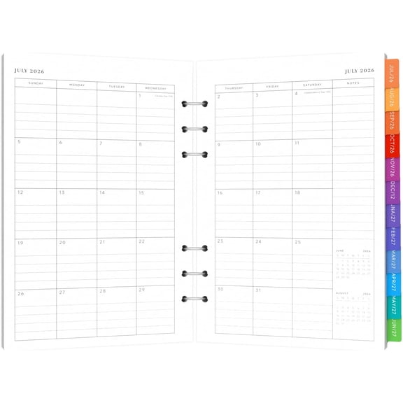 2026-2027 Monthly Planner Refills  A5 6-Hole Punched Pages for 6-Ring Binders, Jul 2026 - Jun 2027 with Laminated Tabs, Previous Review, Next Month List, Notes Pages (5.8" x 8.2")
