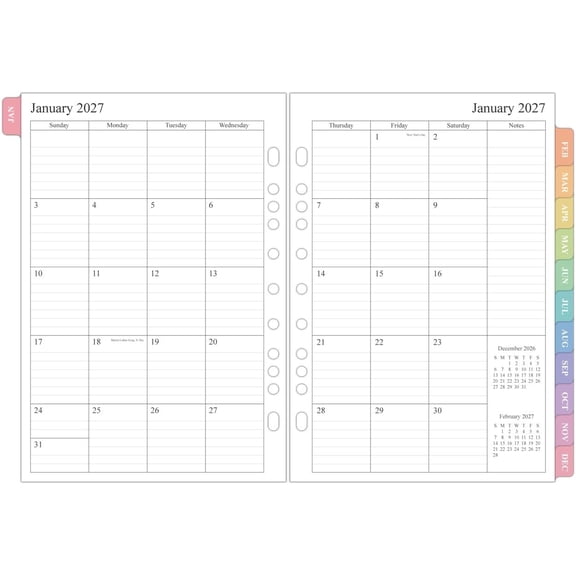 2026-2027 Monthly Planner Refills for A5 Ring Binders, Aug 2026 - Dec 2027