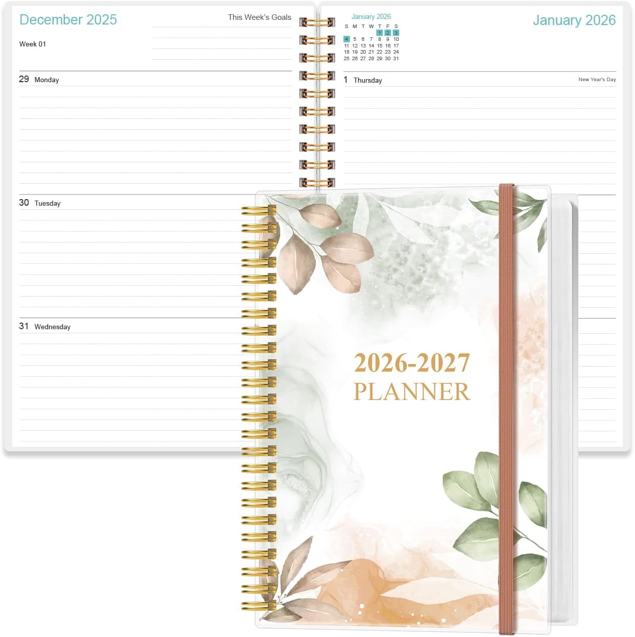 2026-2027 Planner - 18 Months Weekly & Monthly from January 2026 June 2027, Spiral Planners with Elastic Closure, Inner Pocket, Medium 5.8" x 8.3", Rose Leaf