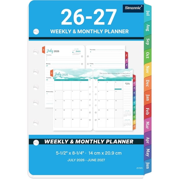 2026-2027 Planner Refills, 5-1/2" x 8-1/2", JULY 2026 - JUNE 2027 | Planner Refills 2026-2027, A5 Binder Inserts with 7-Hole, Weekly Monthly Planner with Colorful Tabs
